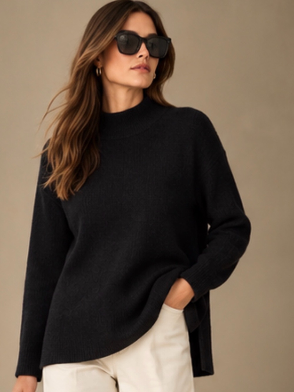 Banana Republic 100% Cashmere Black Ribbed Mock Neck Tunic Sweater XL